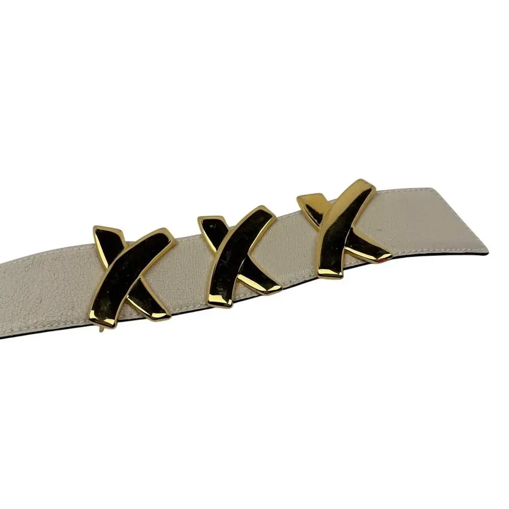Vintage By Paloma Picasso Leather Belt Gold Triple X Hardware Cream Sz 75